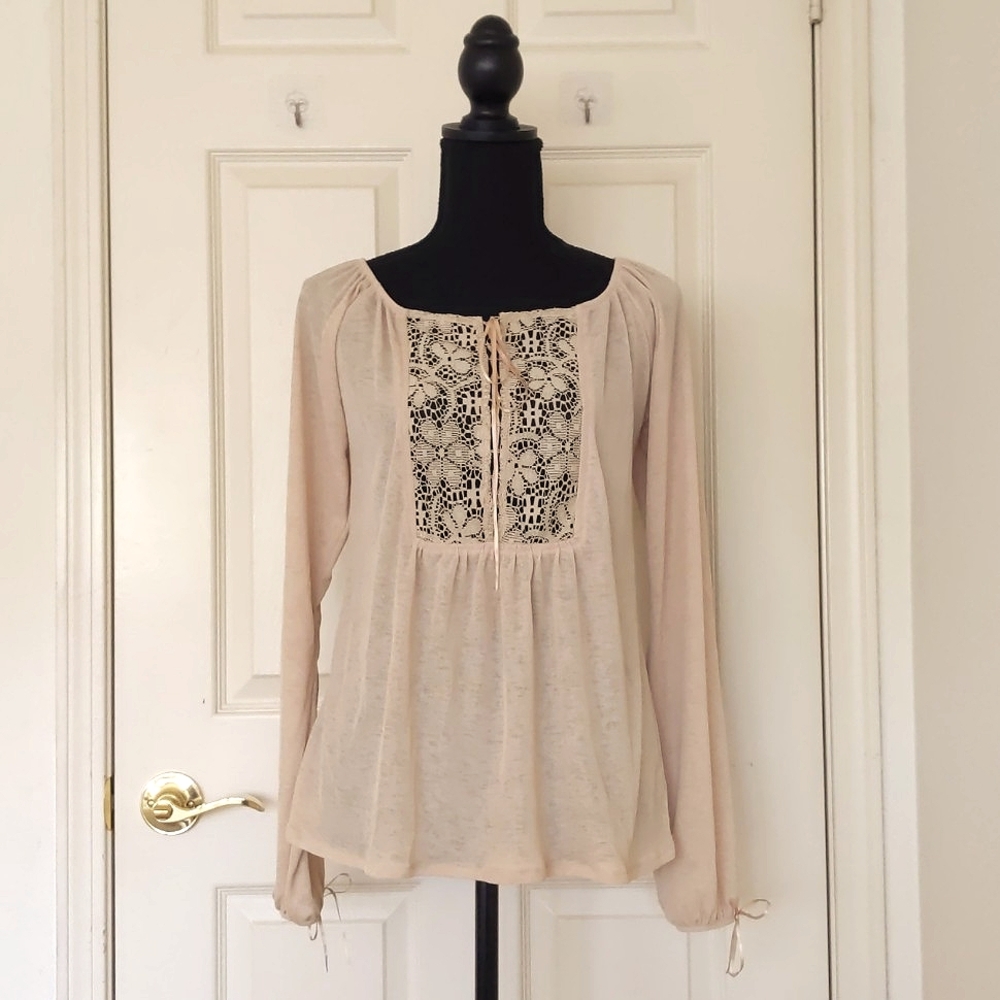 NWT. Express Front Lace Scoop Neck Long Sleeve Blouse with Ribbon Front/Cuff Tie